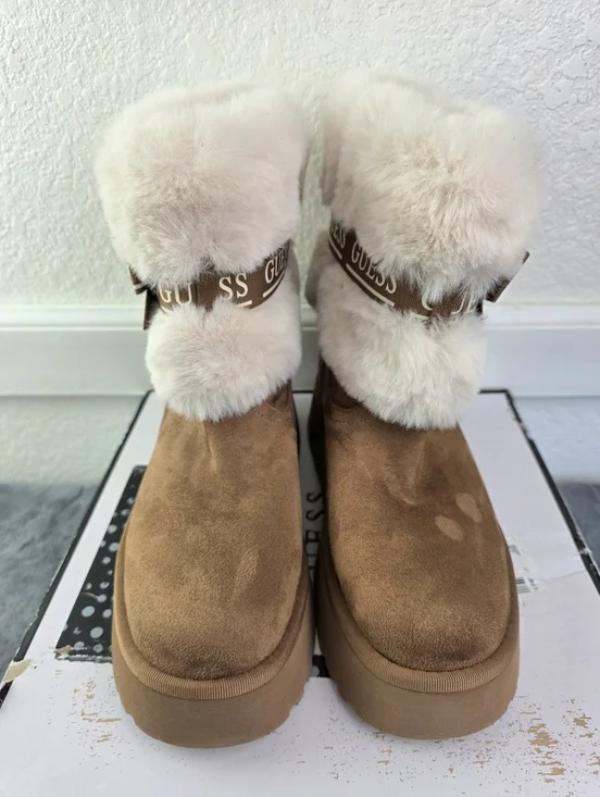 Guess Denla Booties Furry Suede On Platform Soles, Logo Bow & Pin - Picture 4 of 15